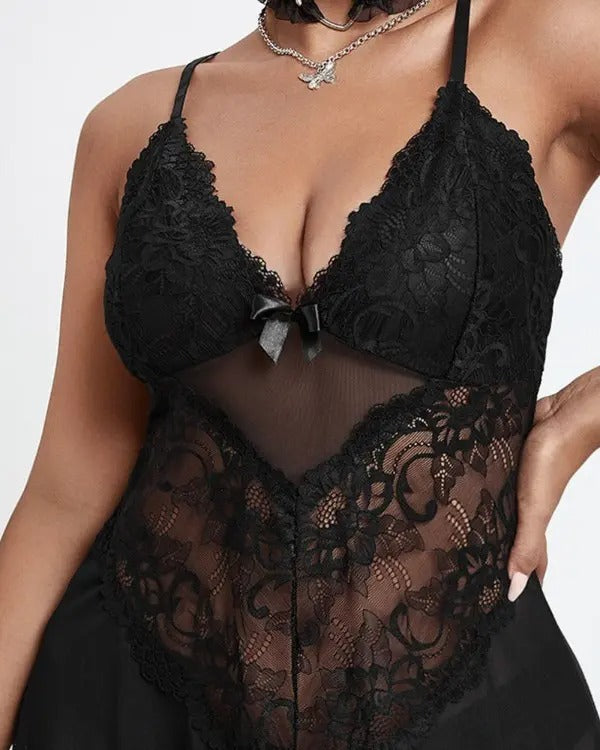 Plus Size Bow Decor Sheer Mesh Lace Babydoll With Thong