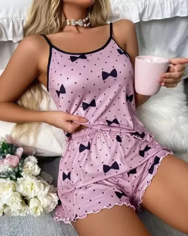 Polka Dot Bowknot Print Cami Set