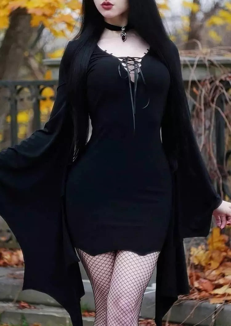 Halloween Lace Up Batwing Sleeve Bodycon Dress