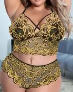 Plus Size Embroidery Floral Scallop Trim Lace Lingerie Set