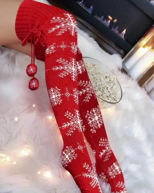 Christmas Snowflake Pom Pom Knee Length Socks