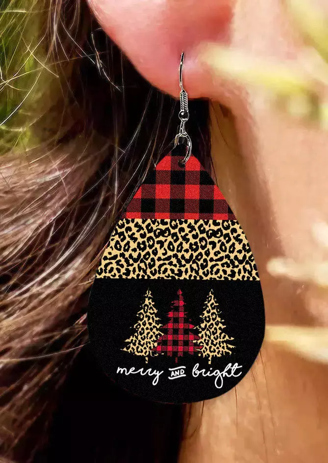 Christmas Merry And Bright Plaid Leopard Earrings