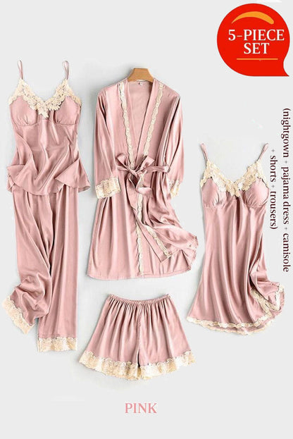 Pink Soft Comfortable Ice Silk Lace Pajamas 5pcs Set