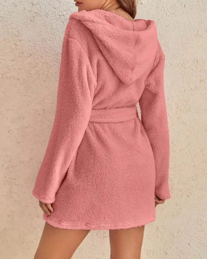 Pocket Design Hooded Belted Fluffy Robe