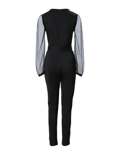 Chain Decor Contrast Mesh Long Sleeve Jumpsuit