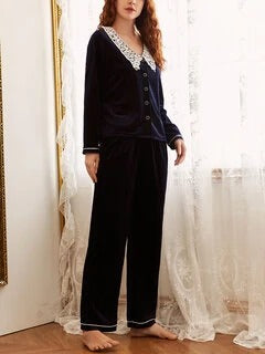 Women Velour Lace Collar Button Up Cozy Long Pajamas Set