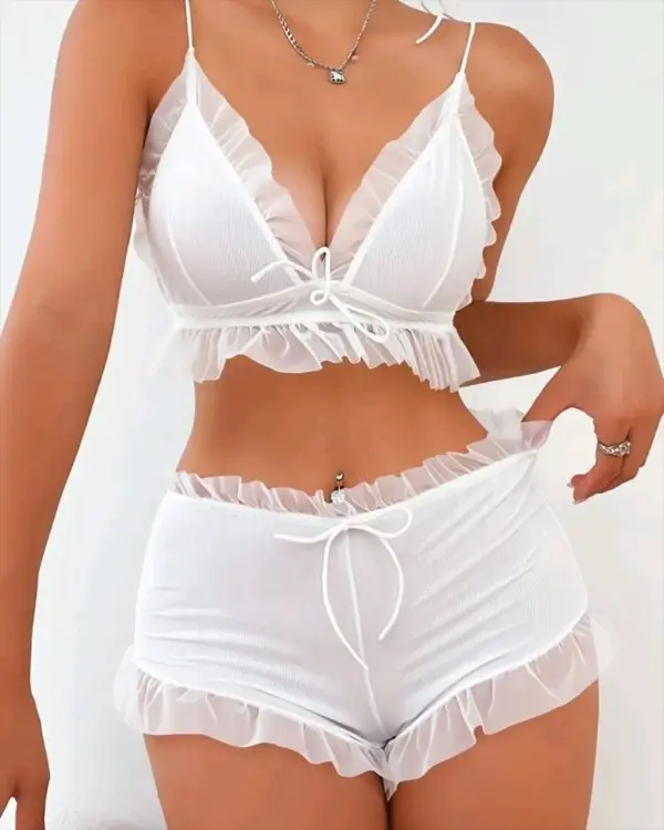 Contrast Mesh Frill Hem Tied Detail Lingerie Set