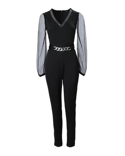 Chain Decor Contrast Mesh Long Sleeve Jumpsuit