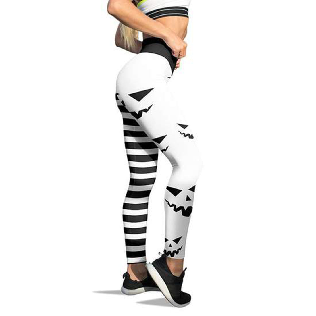 Halloween Pumpkin Face Striped Elastic Waist Leggings