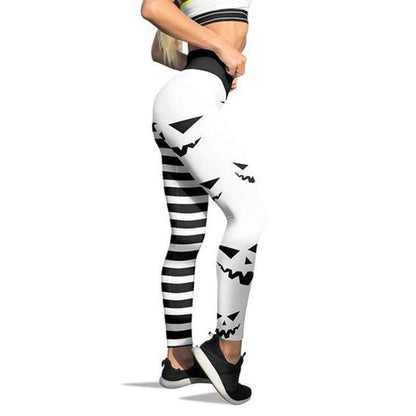 Halloween Pumpkin Face Striped Elastic Waist Leggings