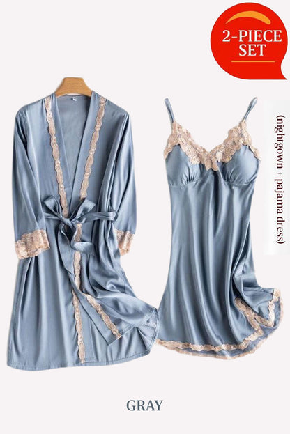 Gray Soft Comfortable Ice Silk Lace Pajamas 2pcs Set