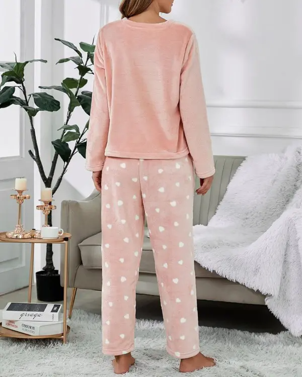 Heart Print Cloud Embroidery Fluffy Pajamas Set