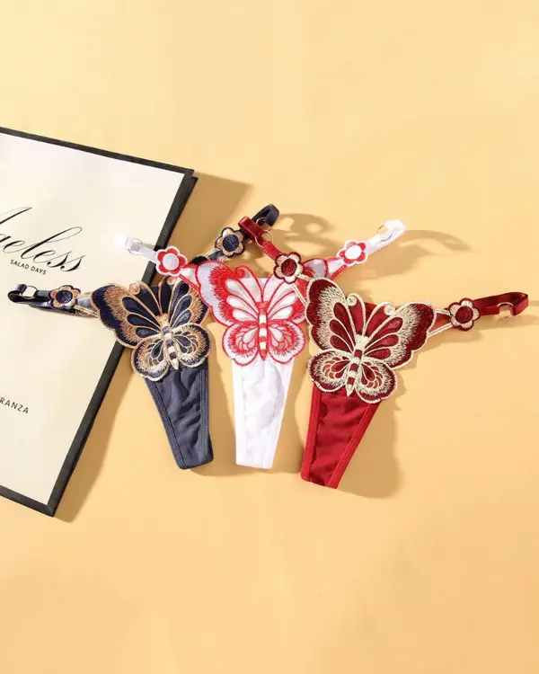 Butterfly Embroidery Low Waist Thong Panty