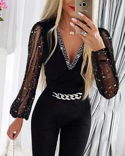 Chain Decor Contrast Mesh Long Sleeve Jumpsuit