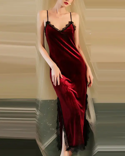 Spaghetti Strap Lace Trim Slit Velvet Night Dress