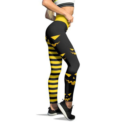 Halloween Pumpkin Face Striped Elastic Waist Leggings