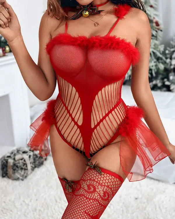 Christmas Fuzzy Trim Sheer Mesh Teddy Costume Set