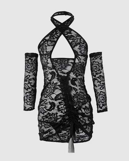 Cutout Drawstring Ruched Lace Babydoll With Thong