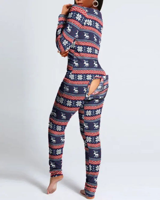 Christmas Functional Buttoned Flap Adults Pajamas