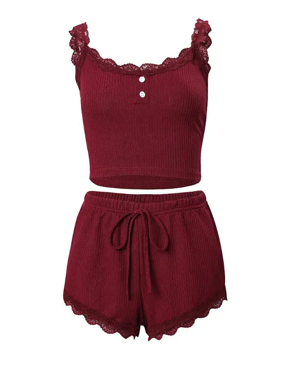 Contrast Lace Button Decor Cami Set