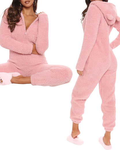 3D Ear Zipper Front Hooded Fluffy Lounge Jumpsuit