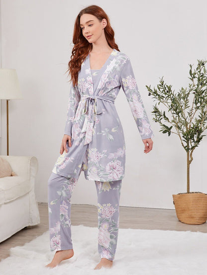 Floral Print Camisole Top Trousers Nightgown Three-piece Pajamas Set