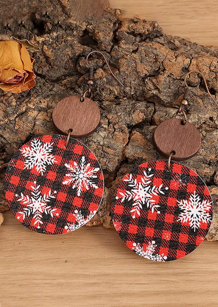 Christmas Plaid Snowflake Round Earrings