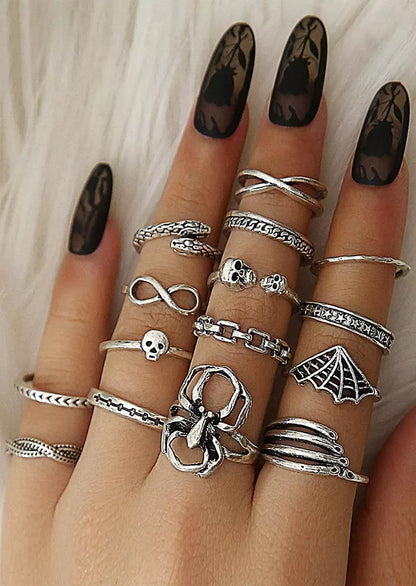 15Pcs Halloween Skull Spider Snake Alloy Ring Set