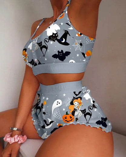 Halloween Graphic Print Lettuce Trim Cami Set