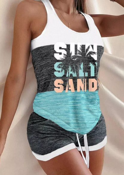 Sun Salt Sand Color Block Coconut Tree Tank And Shorts Pajamas Set