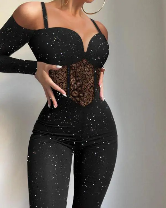 Glitter Cold Shoulder Contrast Lace Corset Jumpsuit