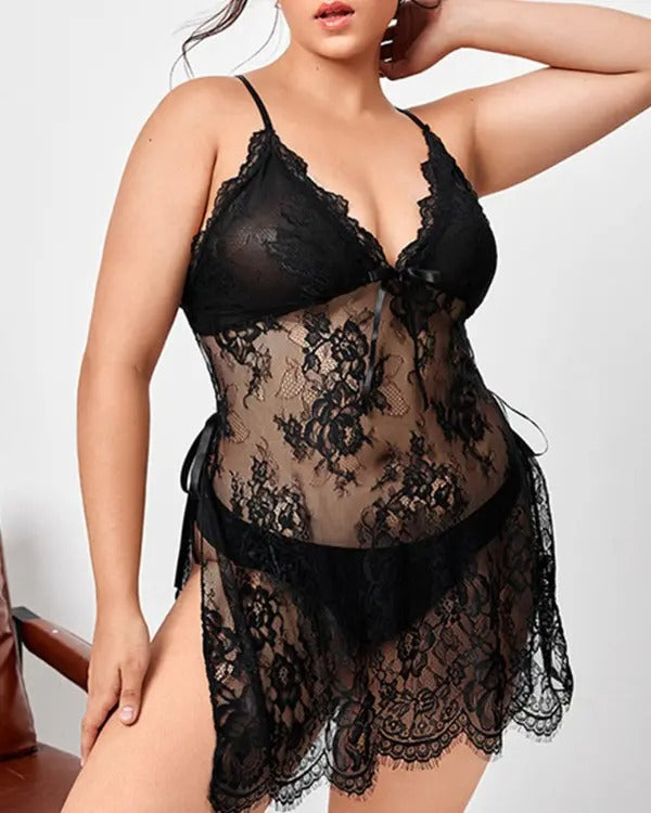 Plus Size Crisscross Backless Lace Babydoll With Thong